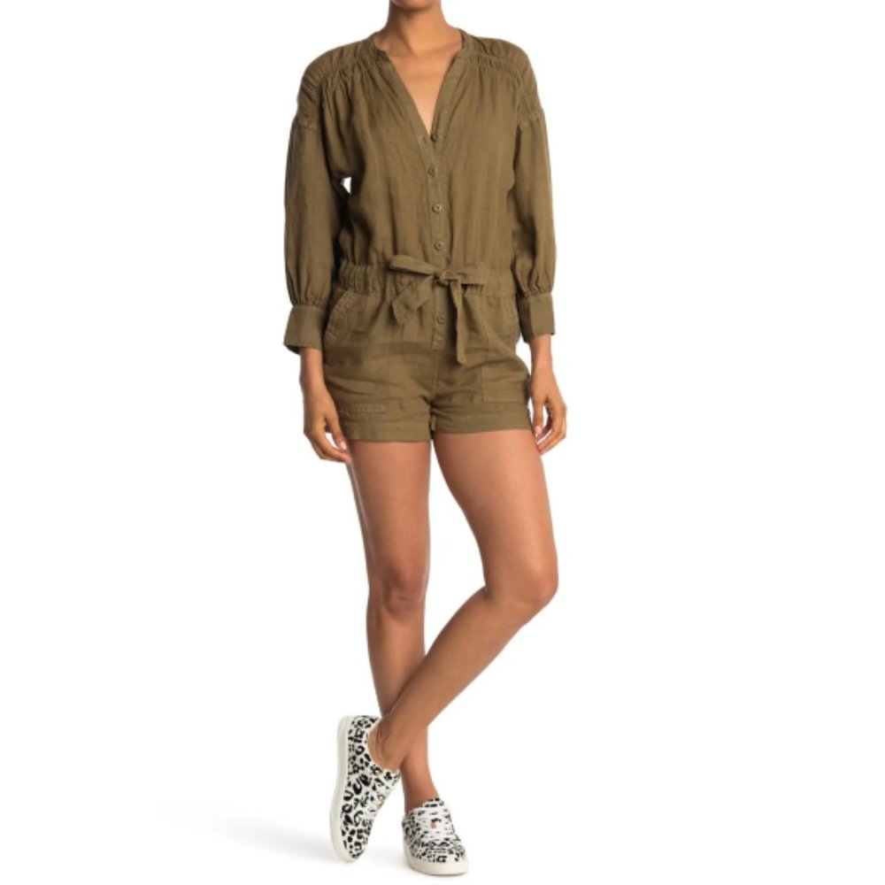 Joie 'Bosworth' Tie-Waist Linen Romper, Vintage Olive